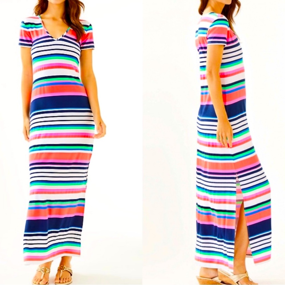 Lilly Pulitzer Milana White Red Multi Stripes V-Neck Short Sleeve Maxi Dress, XS